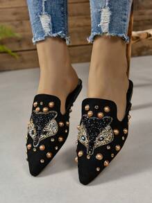 2025 Autumn 2023 New Arrivals Women's Cute Rhinestone-Like Fox Animal Decor Fashionable Casual Flat Mules - Black - View 4