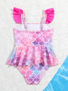 小女孩美人魚鱗紋印花單品泳衣 - 粉色 - 查看 2