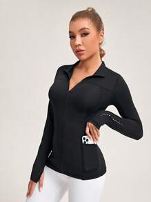 SHEIN Yoga Basic Zipper Closure Long Sleeve Sport Jacket With Pockets - Black - View 4