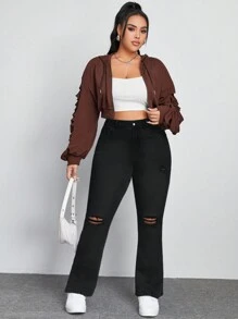SHEIN EZwear 加大號破洞喇叭褲 - 黑色 - 查看 4