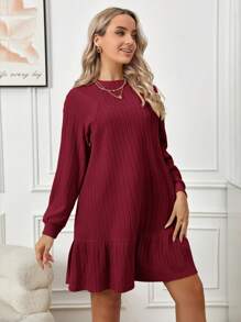 SHEIN Maternity Ribbed Dress With Ruffle Hem And Nursing Design - Red - View 11
