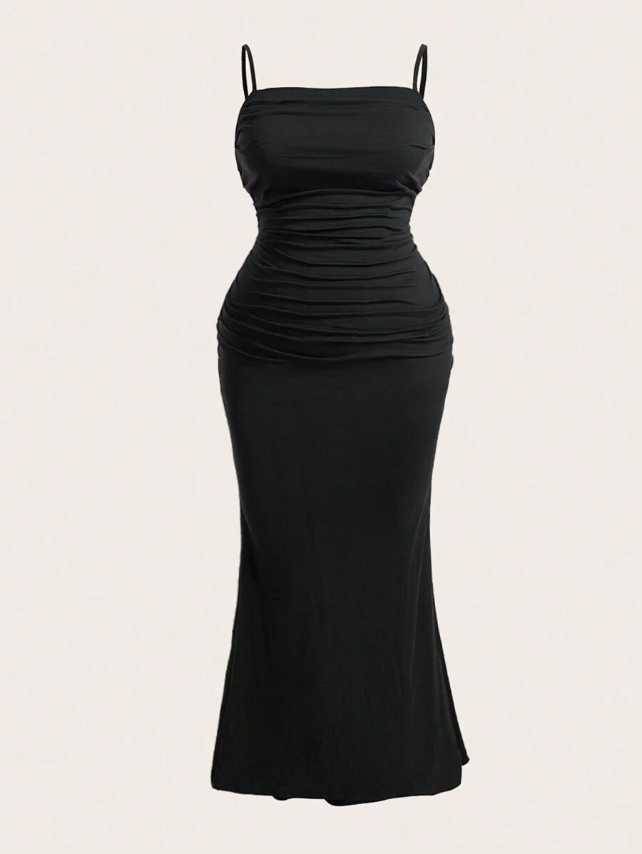 Flirla Vestido largo plisado de un solo color en talla grande para mujer - Negro - Ver 1