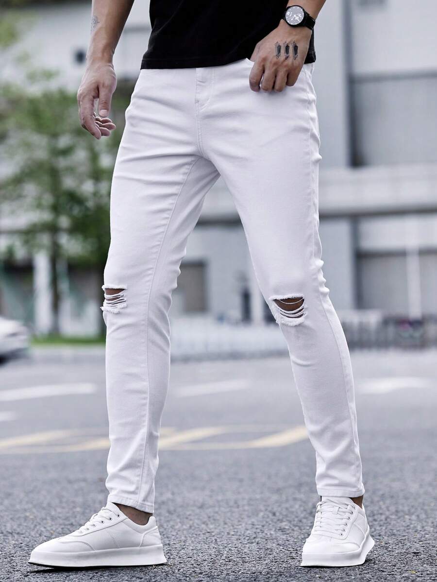 Manfinity LEGND 男士棉破洞抽鬚緊身牛仔褲 - 白色 - 查看 1