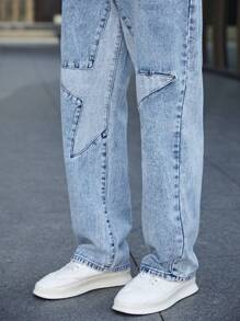 Claim Dot 寬鬆版型男士斜口口袋牛仔褲，洗水淺藍色單色牛仔褲，鬆身長褲，帶有扣袋，適用於派對與休閒聚會 - 淺色水洗藍 - 查看 3