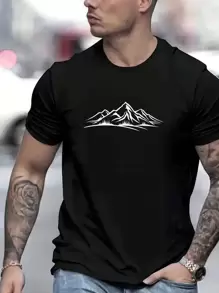 男式印花山峰短袖t恤 - 黑色 - 查看 1