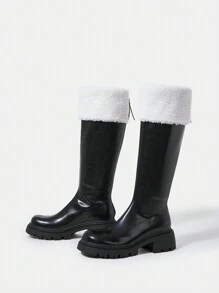Two Tone Knee High Chunky Heeled Boots