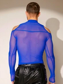 FeverCity Men'S Perspective Net Mesh T-Shirt With Hollow Out Detail - Royal Blue - View 2