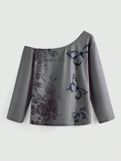 Fairycore Camiseta De Talla Grande Con Estampado De Mariposas Y Flores Y Cuello Asimétrico