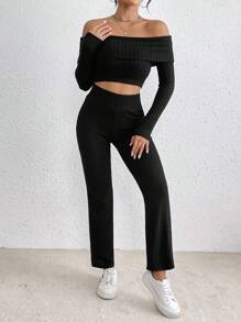 SHEIN PETITE 女款露肩羅紋長袖上衣和褲子套裝 - 黑色 - 查看 4