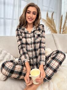 Plaid Print Contrast Piping PJ Set / Pajama Set, Fall Winter Clothes Cozy And Elegant Details - Multicolor - View 3
