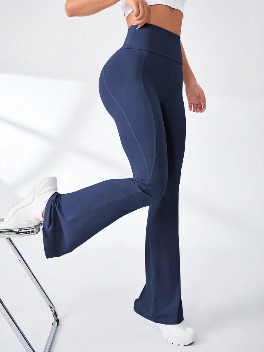 Easithlete Wide Waistband Flare Leg Sports Pants - Blue - View 1