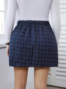 SHEIN Clasi Plus Size Thick Plaid Skirt With Decorative Pocket - Blue - View 2