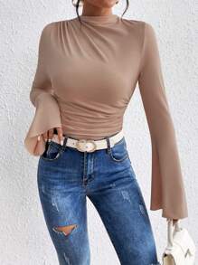 Zolique Stand Collar Bell Sleeve T-Shirt - Khaki - View 5
