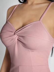 SHEIN PETITE Knotted Detail Spaghetti Strap Wide Leg Jumpsuit - Pink - View 5