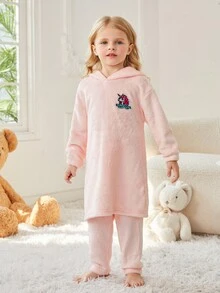 Toddler Girls' Cartoon Animal Print Hooded Thermal Home Wear Set - Pink - View 4