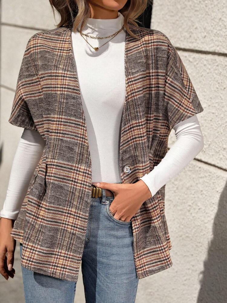 Plaid Batwing Sleeve Woolen Coat