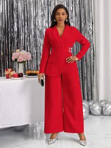 SHEIN Lady 純色仿真口袋連身褲,優雅風格 - 紅色 - 查看 4