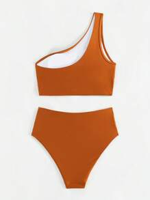 SHEIN Swim Summer Beach Women's One Shoulder Ruched Bikini Set, Bathing Suit - Orange - View 2