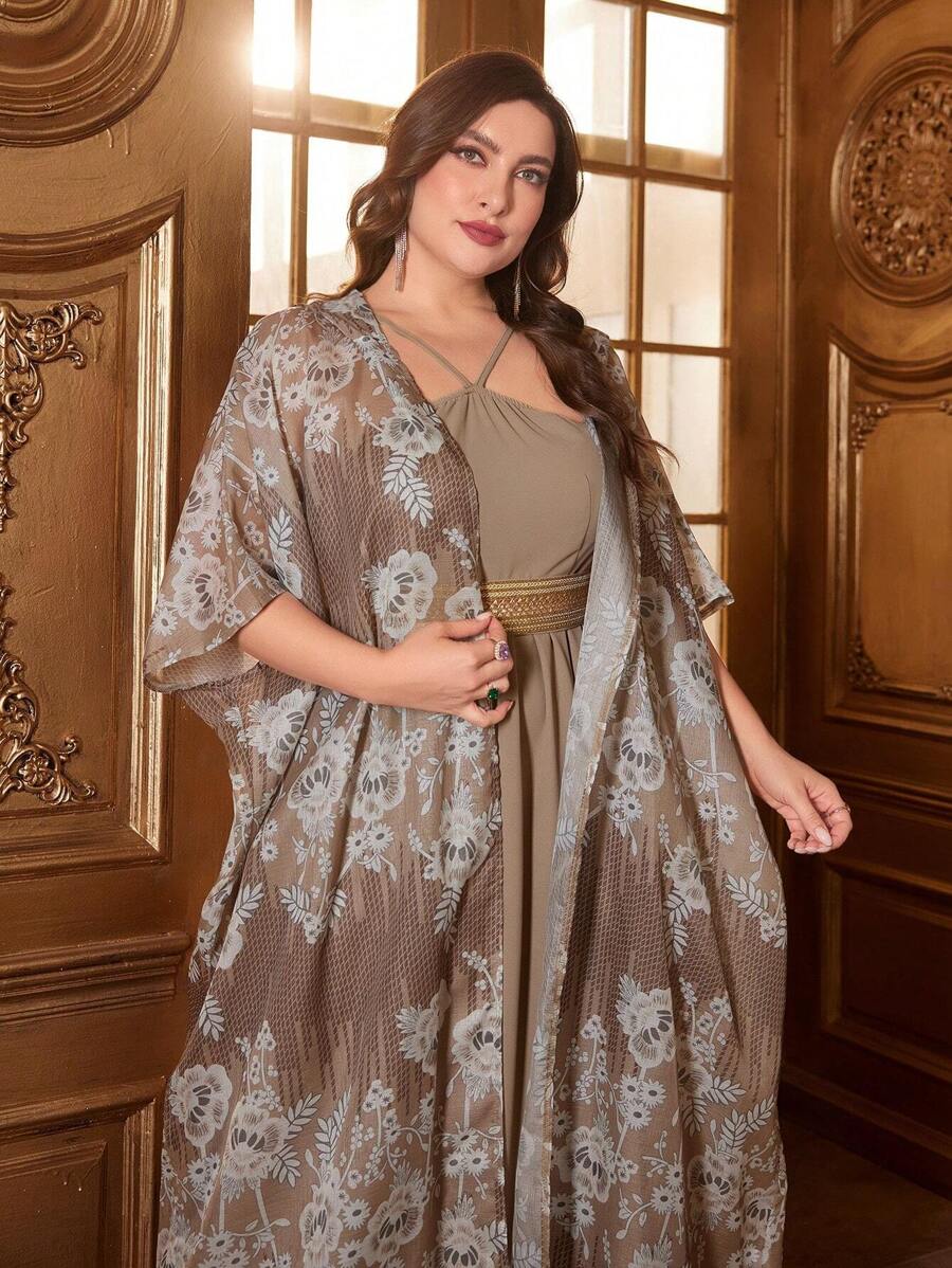 Al Najma 大碼花卉印花外套和露背連衣裙套裝 - 卡其色 - 查看 1