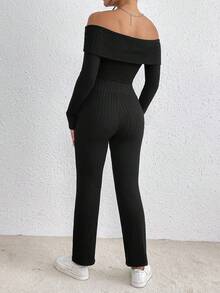 SHEIN PETITE 女款露肩羅紋長袖上衣和褲子套裝 - 黑色 - 查看 2