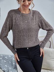 SHEIN LUNE Round Neck Casual Pullover Sweater - Mocha Brown - View 3