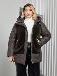 Astrid Plus Size Color Block Raglan Sleeve Hooded Padded Coat For Winter - Brown - View 4