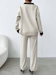 EURMUSE Contrast Trim Drop Shoulder Cardigan & Knit Pants - Beige - View 2