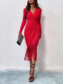Allurite 女士拼接流蘇邊長袖連衣裙 - 紅色 - 查看 3