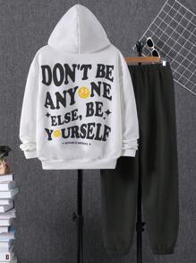 SHEIN Teen Boys' Casual Hoodie With Printed Design And Sweatpants, Comfortable And Versatile Outfit - Grey - View 1