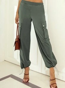 Astylish Solid Elastic Waist Ankle Drawstring Pocket Cargo Pants - Green - View 1