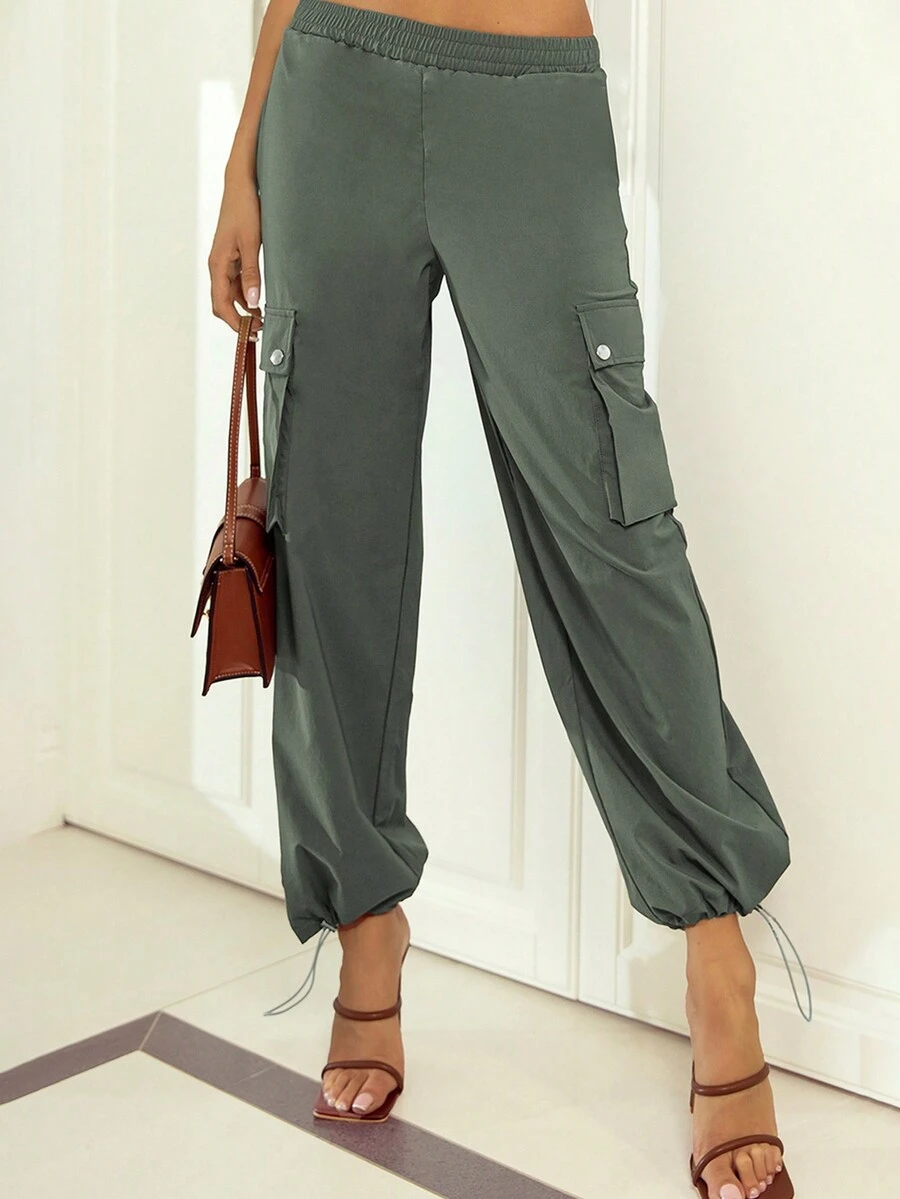Astylish Solid Elastic Waist Ankle Drawstring Pocket Cargo Pants - Green - View 1