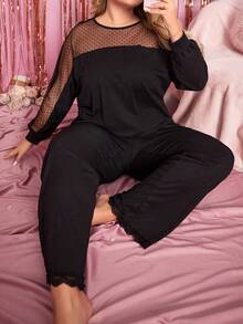 Conjunto De Pijama De Talla Grande Con Tapa De Manga Larga Y Pantalones Con Panel De Malla - Negro - Ver 6