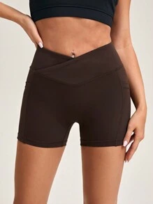 SHEIN Yoga Basic 純色側袋運動短褲 - 淡紫色 - 查看 2