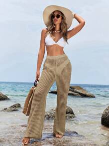 SHEIN Swim Summer Beach Solid Color Hollow Out Cover Up Pants - Khaki - View 3
