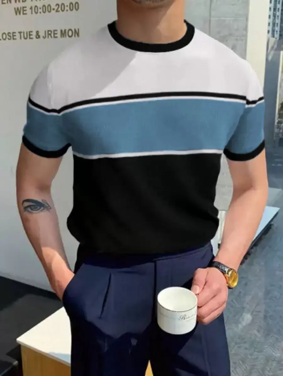 Manfinity Homme Men'S Round Neck Color Block Knitted Top , Vintage , Work , Color Block , Friends - Multicolor - View 1