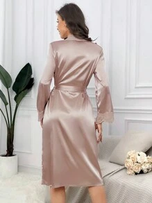 撞色蕾丝腰带缎面睡袍，奢华休闲服饰，秋冬款 - 香檳色 - 查看 2