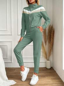 Cottnline 女款拼色外套配褲子兩件套 - 薄荷綠 - 查看 4