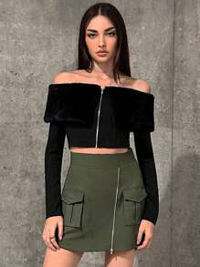 SHEIN Essnce Của phụ nữ Off Shoulder Dây kéo phía trước Áo thun - màu đen - Xem 1