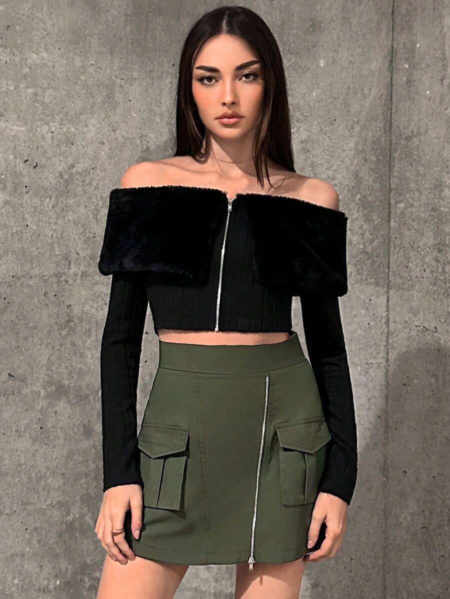 SHEIN Essnce Của phụ nữ Off Shoulder Dây kéo phía trước Áo thun - màu đen - Xem 1