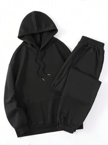 SHEIN EZwear Cartoon And Text Print Hooded Casual Thermal Lined Two-Piece Set - Black - View 2