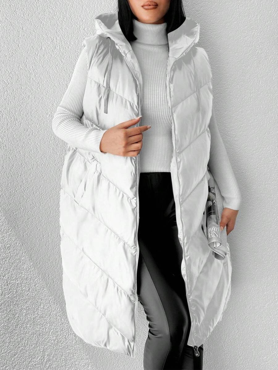 SHEIN Cottnline Women's Hooded Puffer Vest Coat - White - View 1