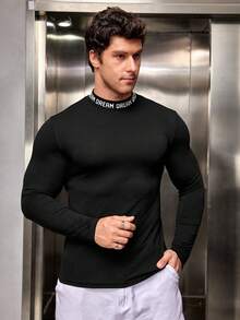 GENTILAND 男士立領字母印花長袖t恤 - 黑色 - 查看 3