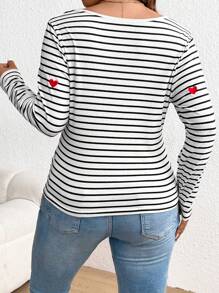 SHEIN Frenchy Plus Size Heart Print For Valentine Spring Tops Heart Tights Striped T-Shirt With Heart Embroidery - Black and White - View 2