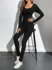 SHEIN Tall Women's Long Sleeve Bodycon Jumpsuit - Black - View 6