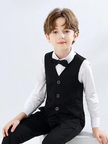 Classic Button-Front Vest For Tween Boys, Perfect For Back-To-School, Formal Occasions In Spring, Autumn And Winter - Black - View 3
