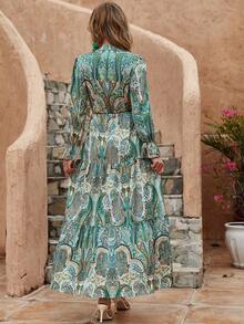 Women'S V-Neck Floral Print Coin Tassel Sling Rope Belt Trumpet Sleeve Long Dress - Green - View 2