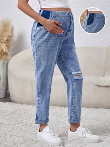 SHEIN Loose Fit Maternity Jeans With Asymmetrical Ripped Holes - Blue - View 1