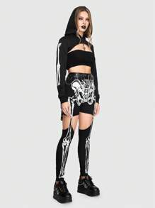 ROMWE Goth Sudadera Super Corta Gótica De Patrón De Esqueleto Para Mujer Con Diseño De Encaje Con Ojales En La Espalda - Negro - Ver 1