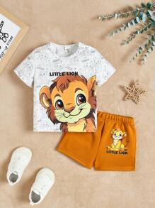 SHEIN 2pcs/set Baby Boys' Casual Fun Lion Pattern Printed Long Sleeve Top And Shorts For Streetwear, Spring/summer
