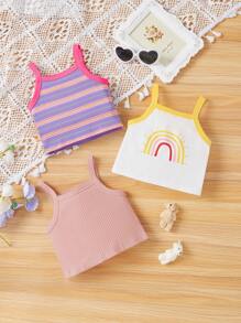 SHEIN Baby Girls' Rainbow Pattern Striped Tank Top Set, 3pcs - Multicolor - View 1